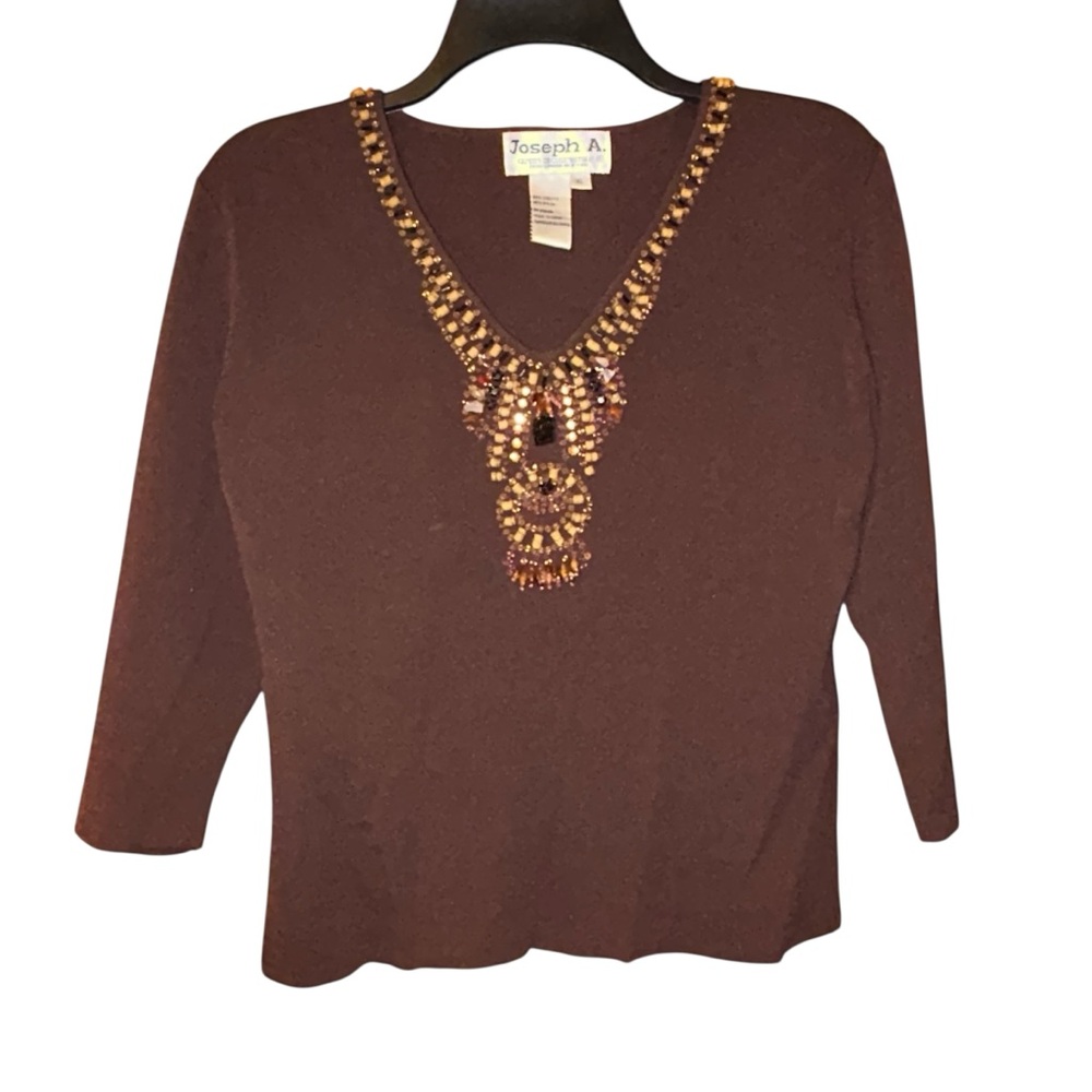 Joseph A.‎ Beaded Brown Knit Top Women’s XL Embellished V-Neck Sweater Boho